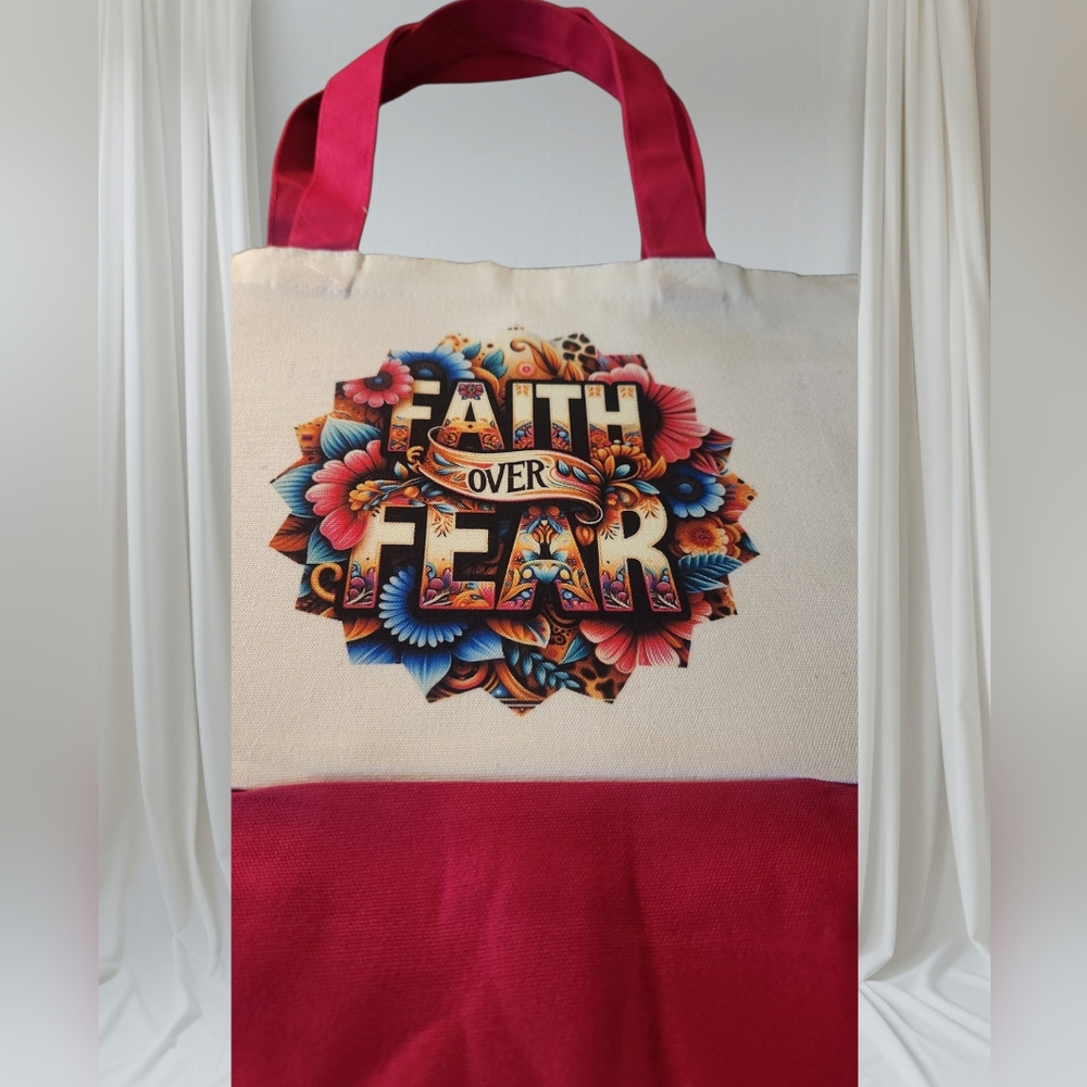"Faith Over Fear" Canvas Tote Bag - Pink and Cream.  Hand Crafted. NEW - Picture 2 of 4